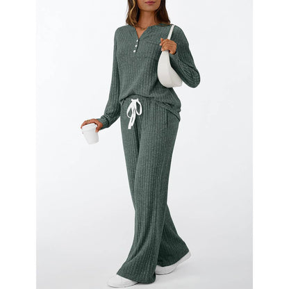 Ribbed Button Long Sleeve Top and Pants Pajama Set AXY039