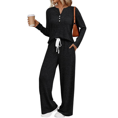 Ribbed Button Long Sleeve Top and Pants Pajama Set AXY039
