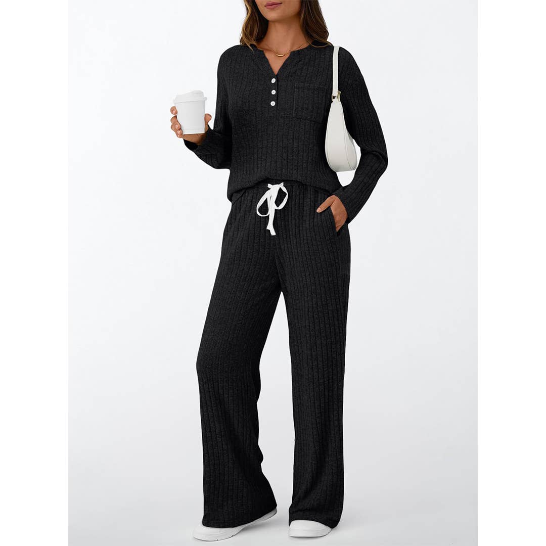 Ribbed Button Long Sleeve Top and Pants Pajama Set AXY039