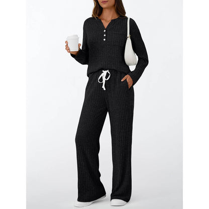 Ribbed Button Long Sleeve Top and Pants Pajama Set AXY039
