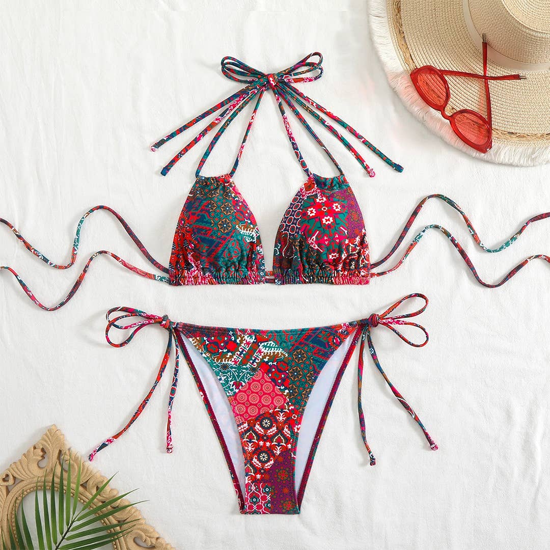 Printed Sexy Tie-Back Split Bikini Swimsuit ZK2852
