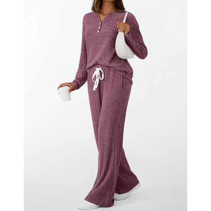 Ribbed Button Long Sleeve Top and Pants Pajama Set AXY039