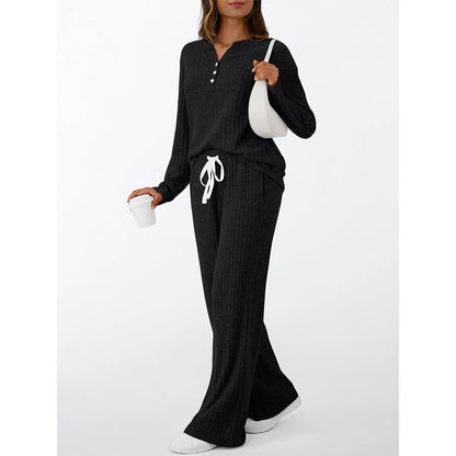 Ribbed Button Long Sleeve Top and Pants Pajama Set AXY039