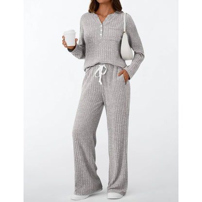 Ribbed Button Long Sleeve Top and Pants Pajama Set AXY039