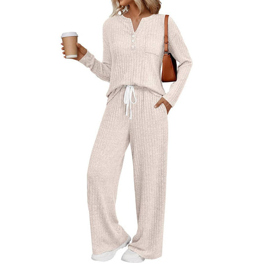 Ribbed Button Long Sleeve Top and Pants Pajama Set AXY039