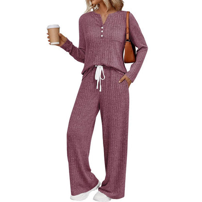 Ribbed Button Long Sleeve Top and Pants Pajama Set AXY039