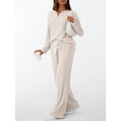 Ribbed Button Long Sleeve Top and Pants Pajama Set AXY039