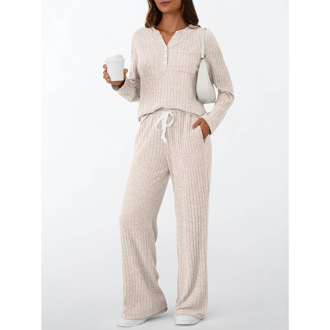Ribbed Button Long Sleeve Top and Pants Pajama Set AXY039