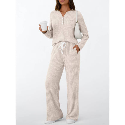 Ribbed Button Long Sleeve Top and Pants Pajama Set AXY039