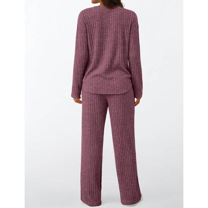 Ribbed Button Long Sleeve Top and Pants Pajama Set AXY039