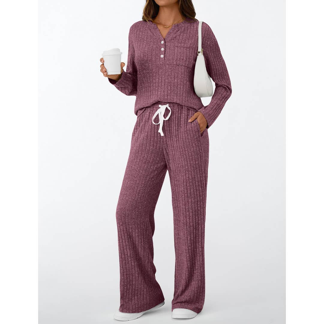 Ribbed Button Long Sleeve Top and Pants Pajama Set AXY039