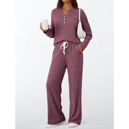 Ribbed Button Long Sleeve Top and Pants Pajama Set AXY039