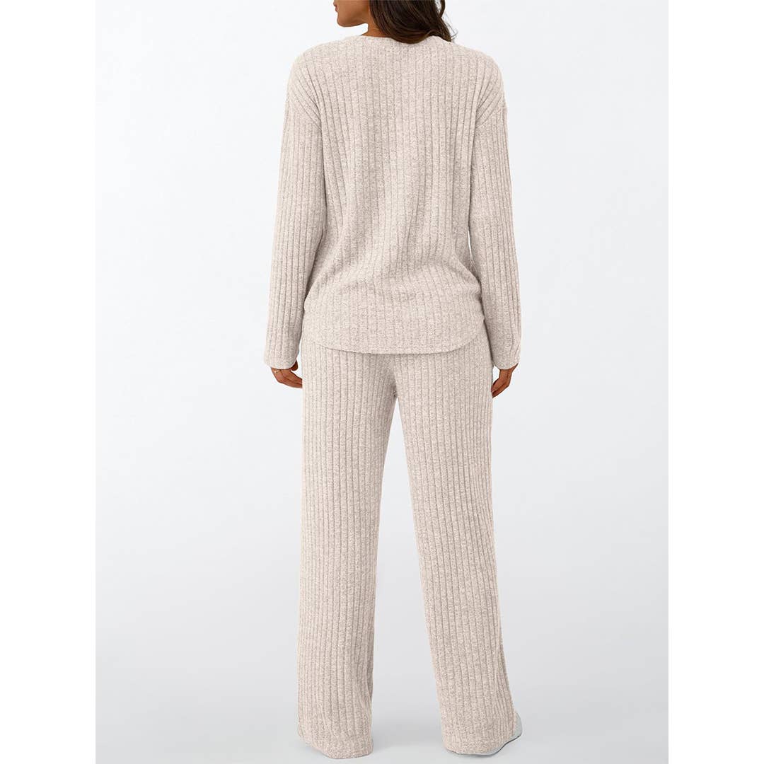 Ribbed Button Long Sleeve Top and Pants Pajama Set AXY039