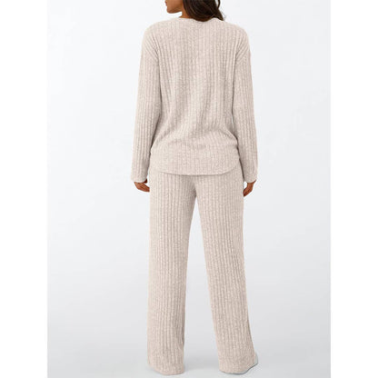Ribbed Button Long Sleeve Top and Pants Pajama Set AXY039