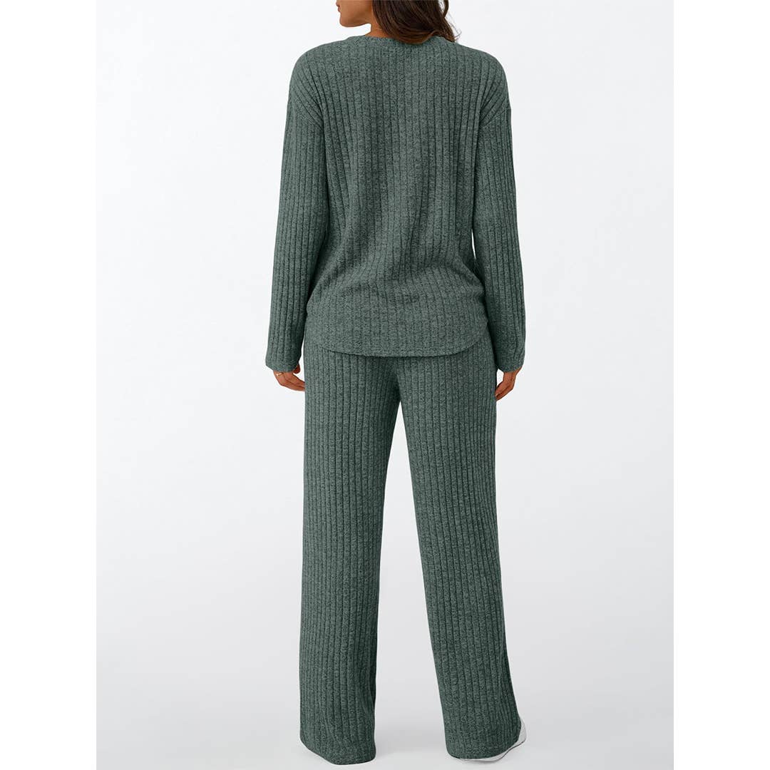 Ribbed Button Long Sleeve Top and Pants Pajama Set AXY039