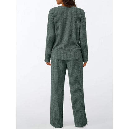 Ribbed Button Long Sleeve Top and Pants Pajama Set AXY039