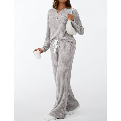 Ribbed Button Long Sleeve Top and Pants Pajama Set AXY039
