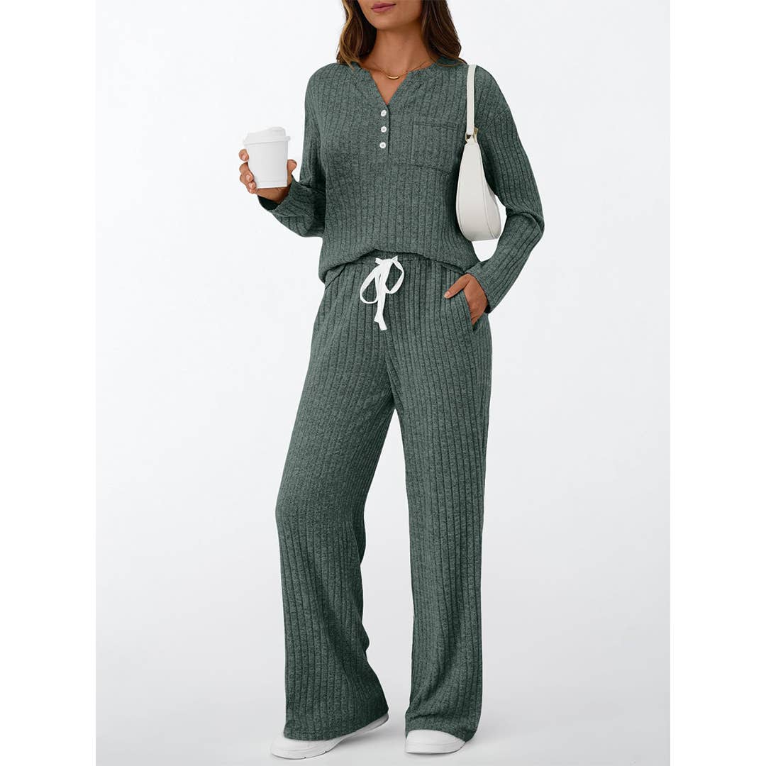 Ribbed Button Long Sleeve Top and Pants Pajama Set AXY039