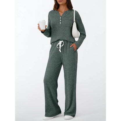 Ribbed Button Long Sleeve Top and Pants Pajama Set AXY039
