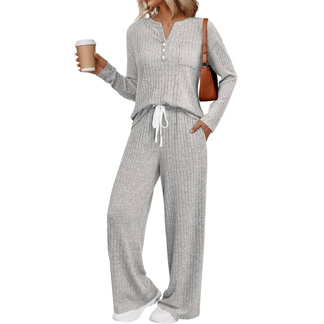 Ribbed Button Long Sleeve Top and Pants Pajama Set AXY039