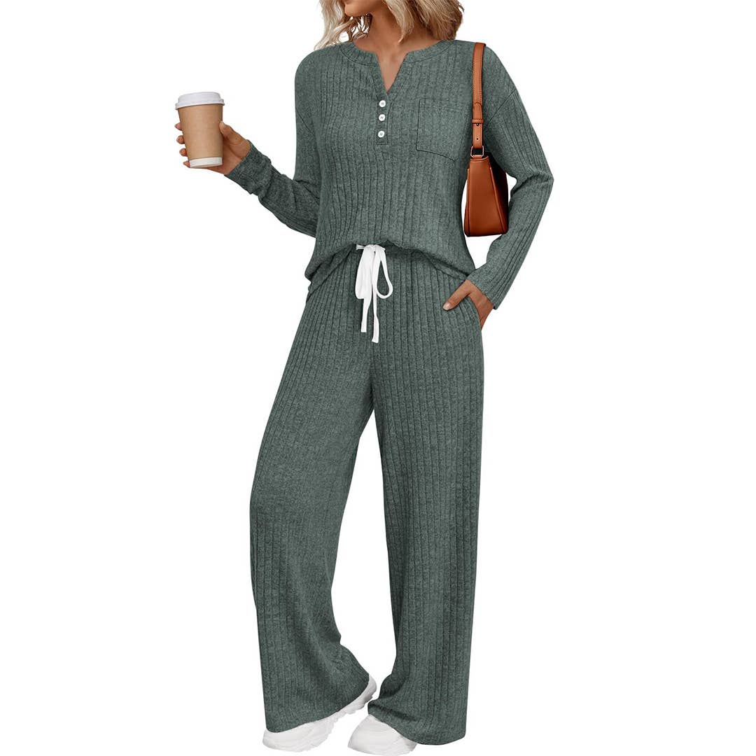 Ribbed Button Long Sleeve Top and Pants Pajama Set AXY039