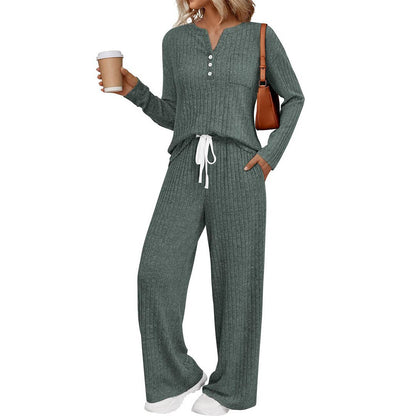 Ribbed Button Long Sleeve Top and Pants Pajama Set AXY039