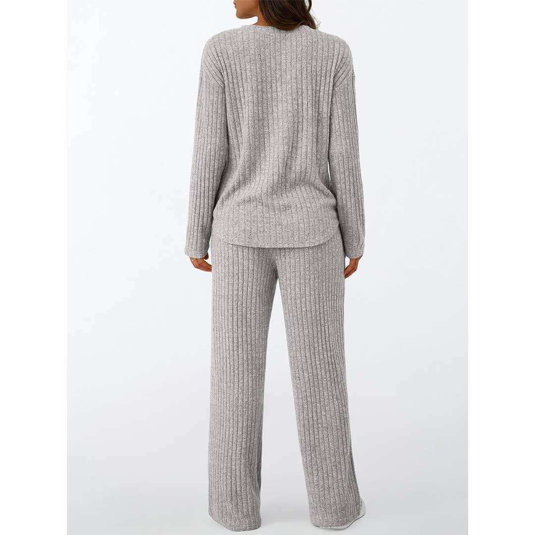 Ribbed Button Long Sleeve Top and Pants Pajama Set AXY039