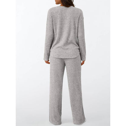 Ribbed Button Long Sleeve Top and Pants Pajama Set AXY039
