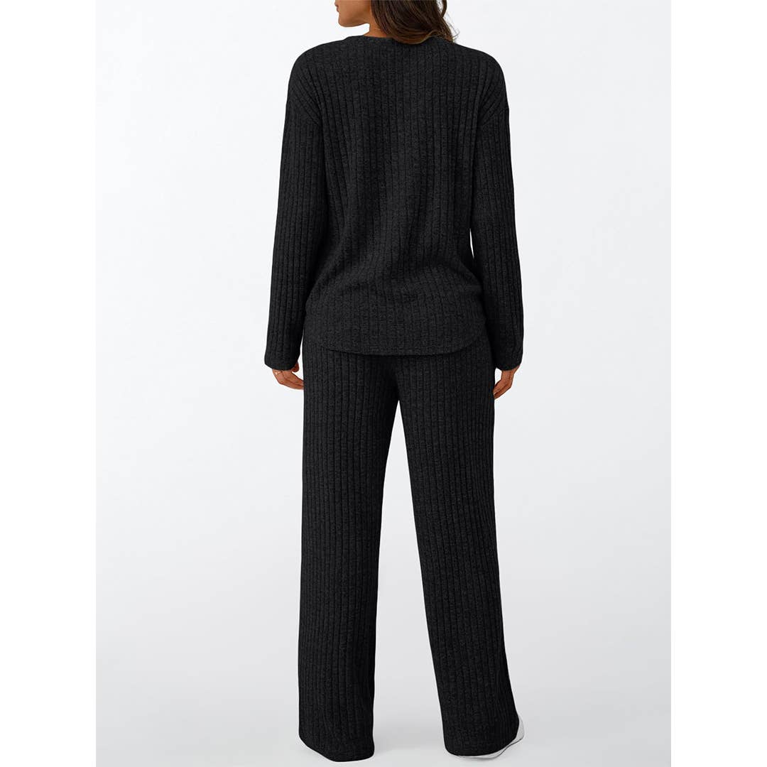 Ribbed Button Long Sleeve Top and Pants Pajama Set AXY039