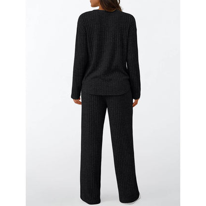 Ribbed Button Long Sleeve Top and Pants Pajama Set AXY039